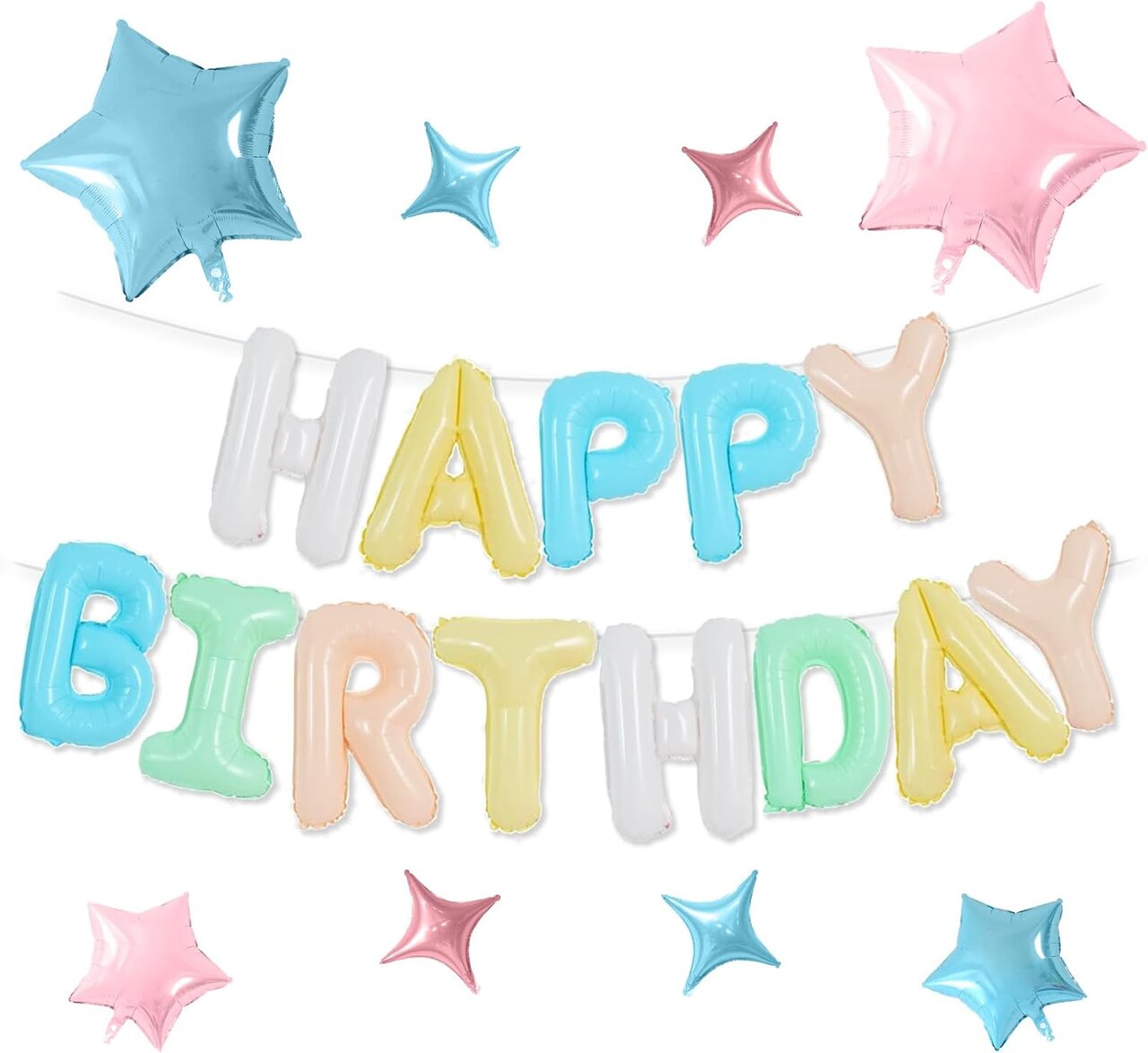 Happy Birthday Balloons, Colorful Happy Birthday Banner, Pastel Birthday Balloons 16 Inch Foil Letter Balloon with 8 Pcs Blue Pink Star Balloon for Boys Girls Birthday Party Decoration